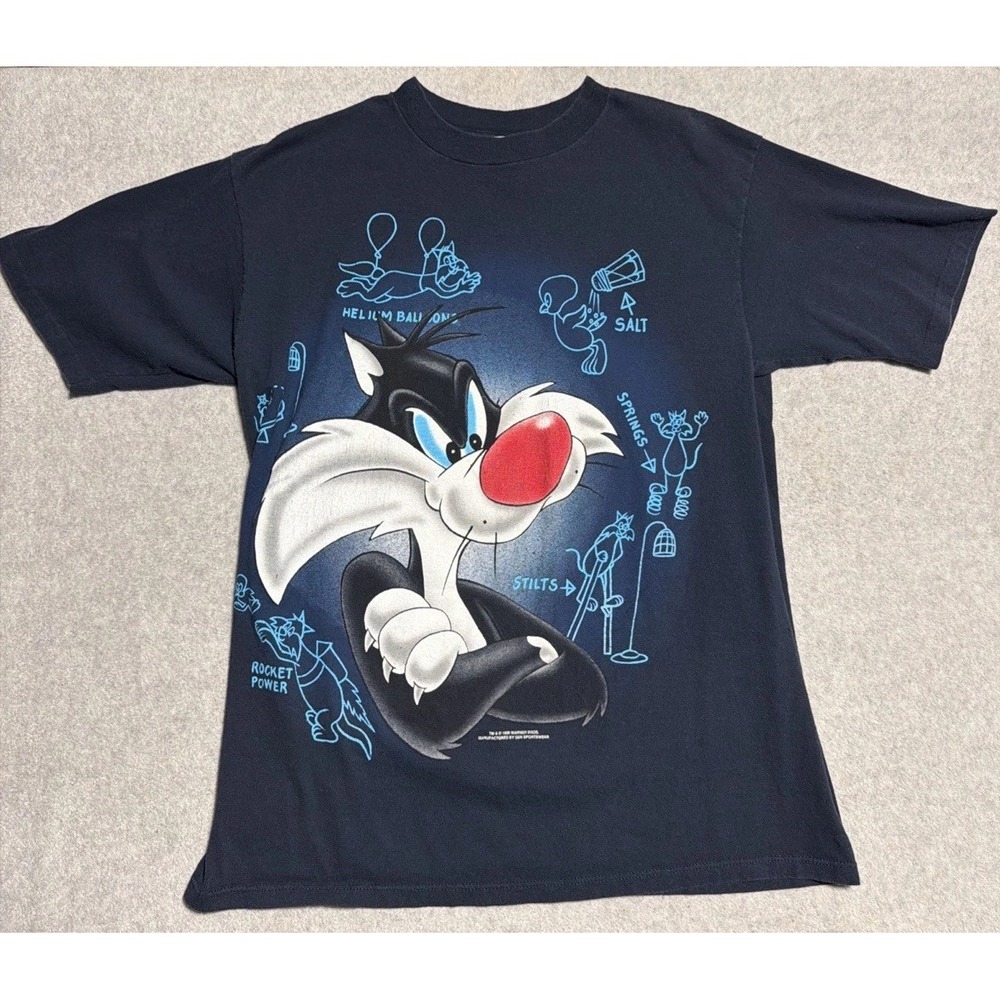 1996 Looney Tunes Sylvester Cat Warner Bros Blue T Shirt Tweety